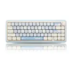 Front view of a compact keyboard with pastel cat keycaps and a reflection below