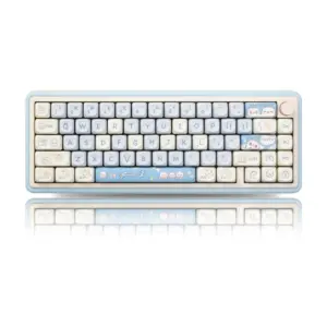 Front view of a compact keyboard with pastel cat keycaps and a reflection below