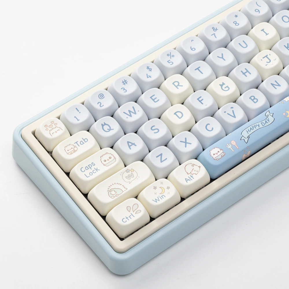 Cream modifier keys with cat drawings beside gray letter keys and a blue spacebar