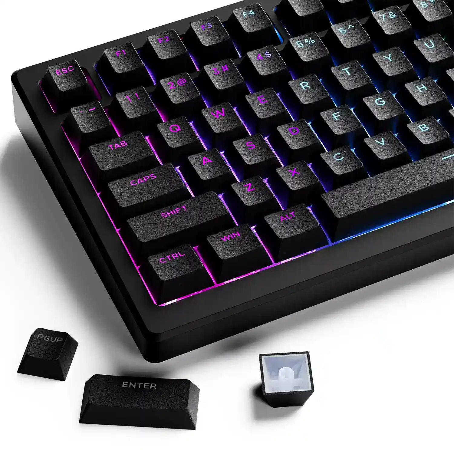 Shine-Through Keycaps in 2026: Classic and Modern Designs Black shine-through keycaps with bright RGB legends on a mechanical keyboard