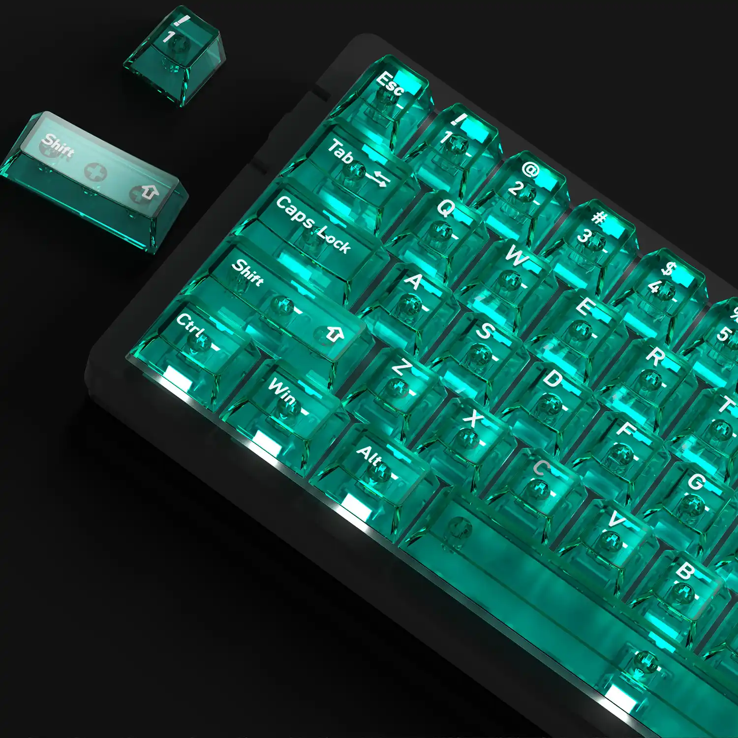 Shine-Through Keycaps in 2026: Classic and Modern Designs Clear green PC keycaps showing RGB light through the full keycap body