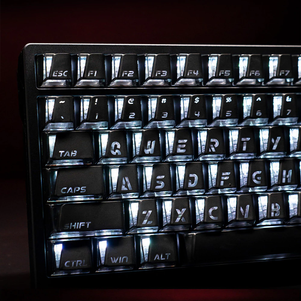 Black shine-through keycaps close-up with large legends on a lit keyboard