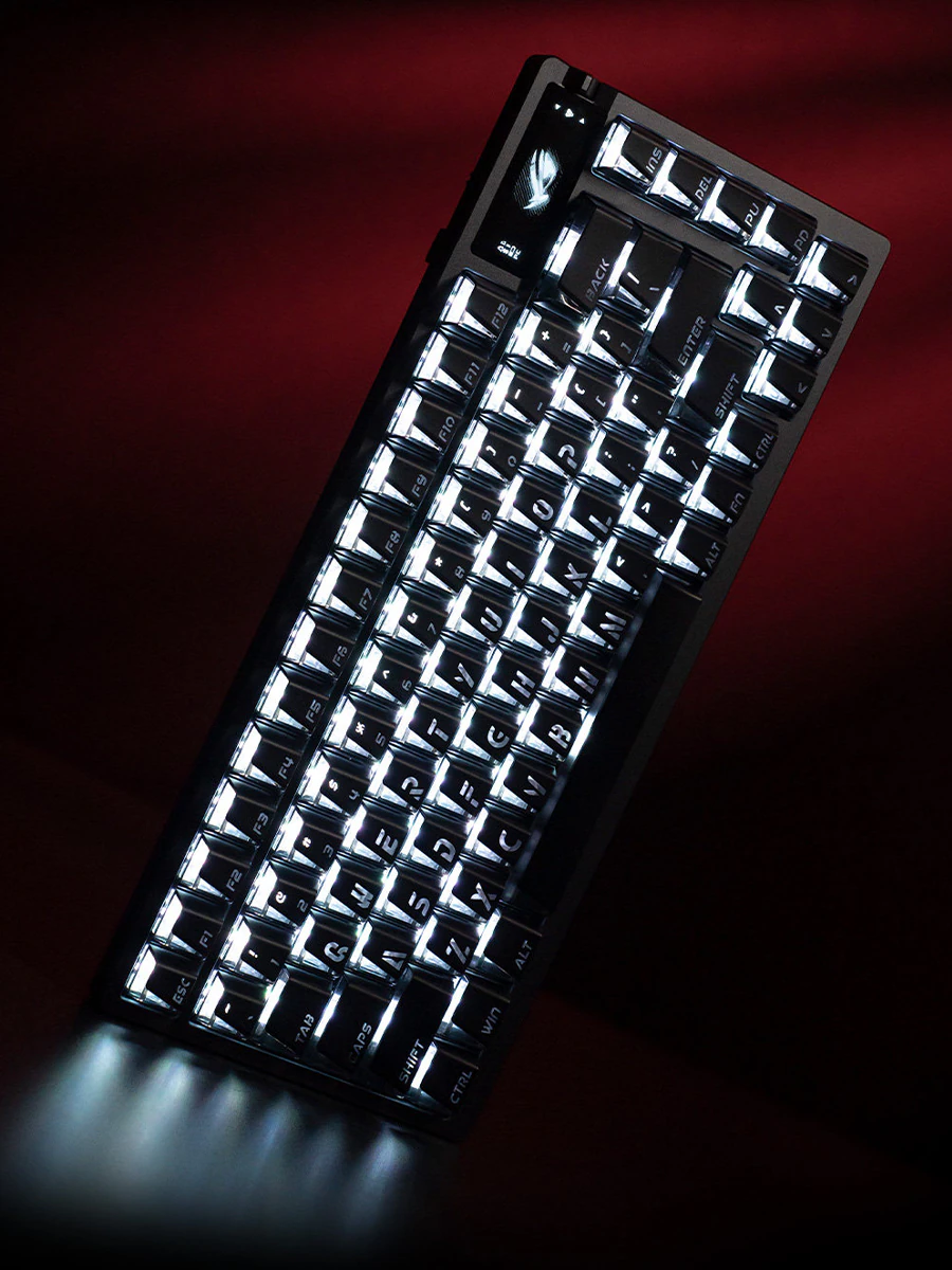 Black Prism keycaps on a tall keyboard shot with white underglow