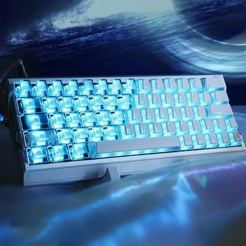 White Prism shine-through keycaps on a keyboard with blue RGB backlight