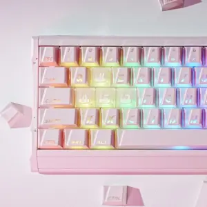 Pink Prism keycaps on a light keyboard with multicolor RGB shining through