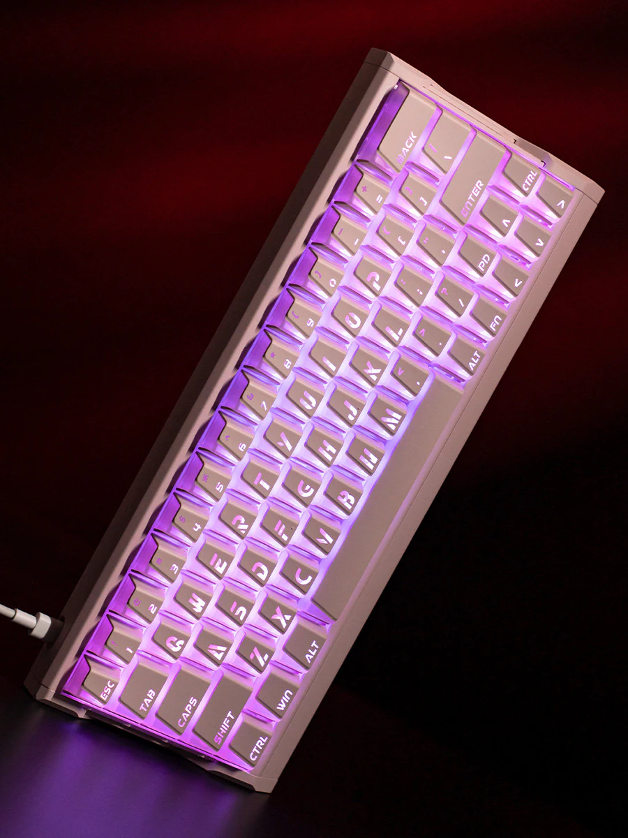 Pink Prism shine-through keycaps shown on a vertical keyboard angle