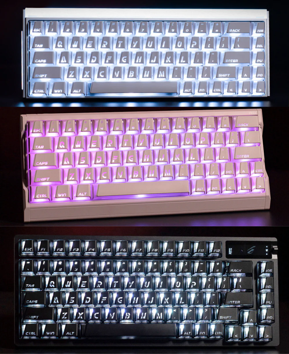Stacked image of white, pink, and black Prism shine-through keycaps on lit keyboards