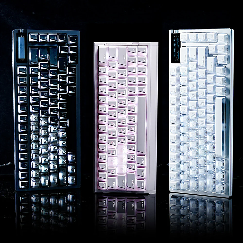 Three Prism keycap color options displayed on keyboards in a dark scene