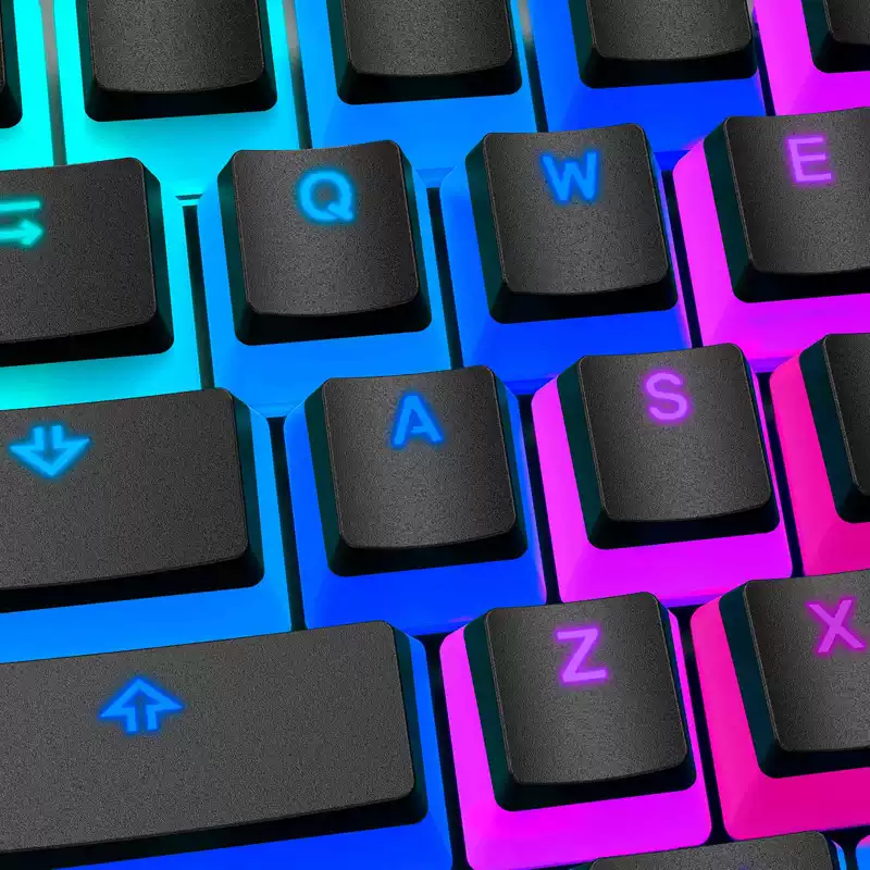 Shine-Through Keycaps in 2026: Classic and Modern Designs Black pudding keycaps with RGB glowing through legends and translucent lower walls