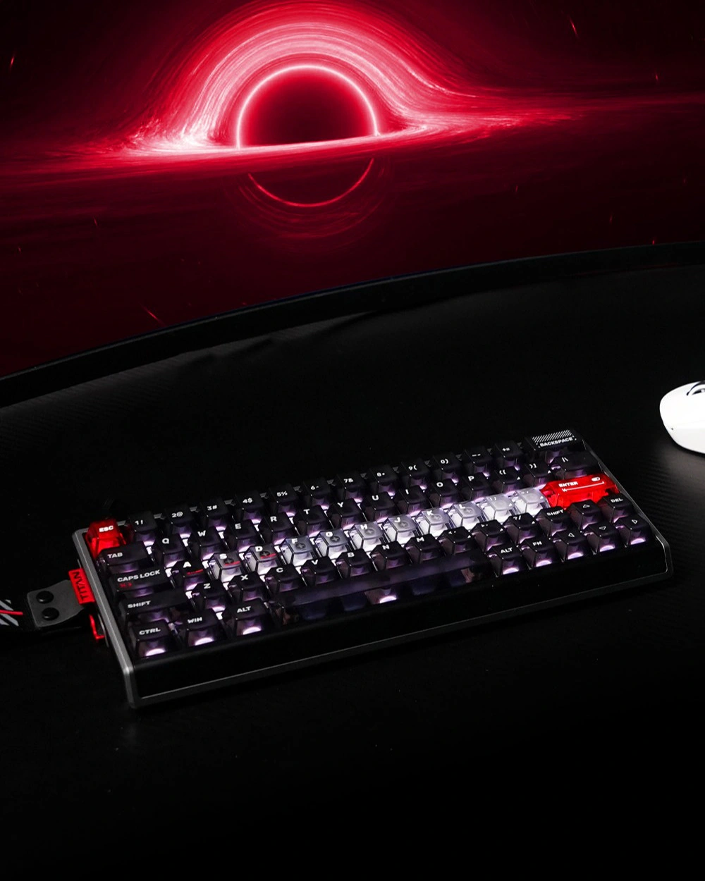 Keyboard on a dark desk with a brighter translucent home row