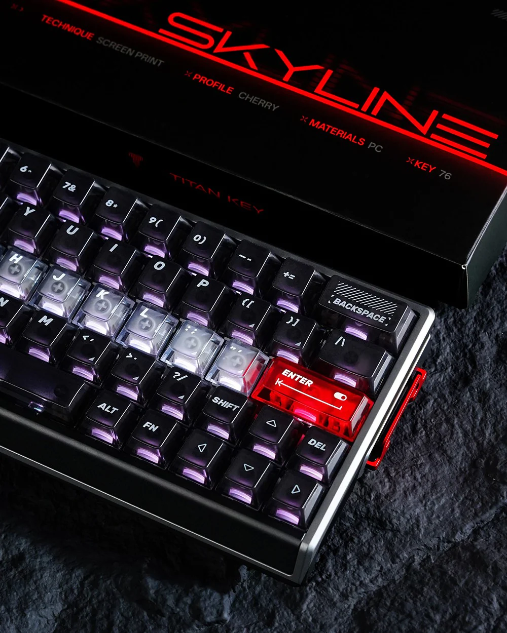Feature card labeled Cherry Profile, PC plus ABS, Screen Print, and 76 keys