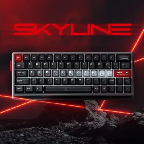 Front view of dark Skyline keycaps with a lighter translucent home row