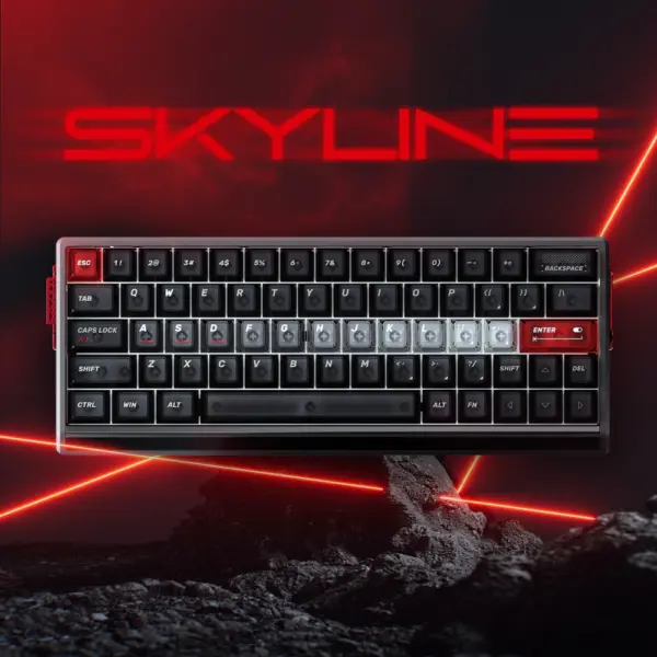 Skyline Keycaps Front View Front view of dark Skyline keycaps with a lighter translucent home row