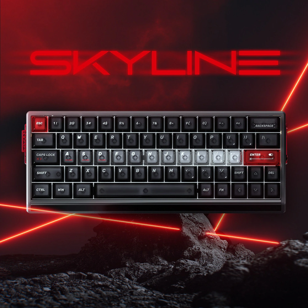 Front view of dark Skyline keycaps with a lighter translucent home row