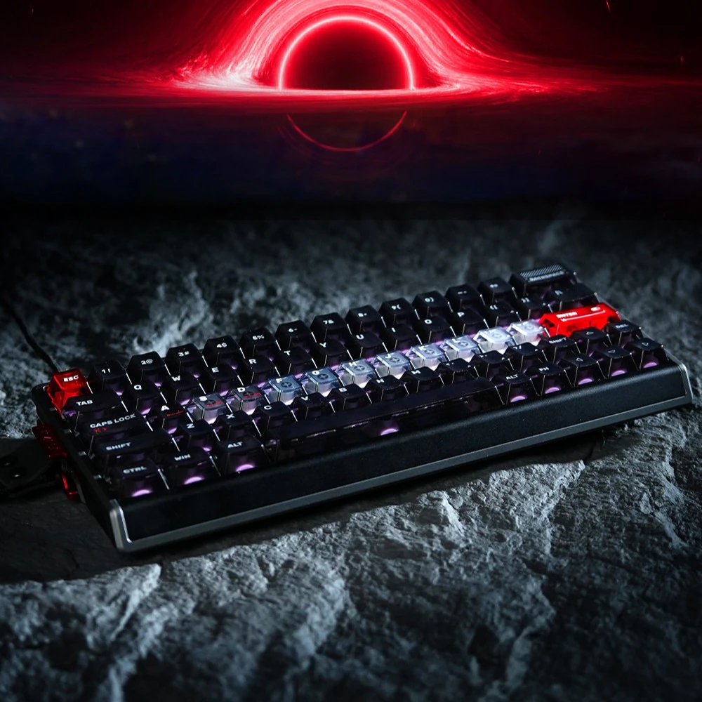 Low angle keyboard view with dark keycaps and a brighter translucent home row