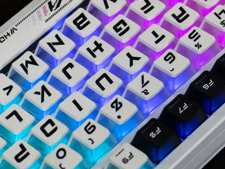 Shine-Through Keycaps in 2026: Classic and Modern Designs White three-sided transparent keycaps with blue and purple RGB underglow