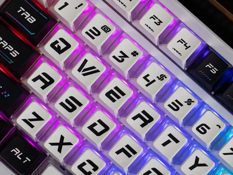 Shine-Through Keycaps in 2026: Classic and Modern Designs White three-sided translucent keycaps showing pink and blue RGB between rows