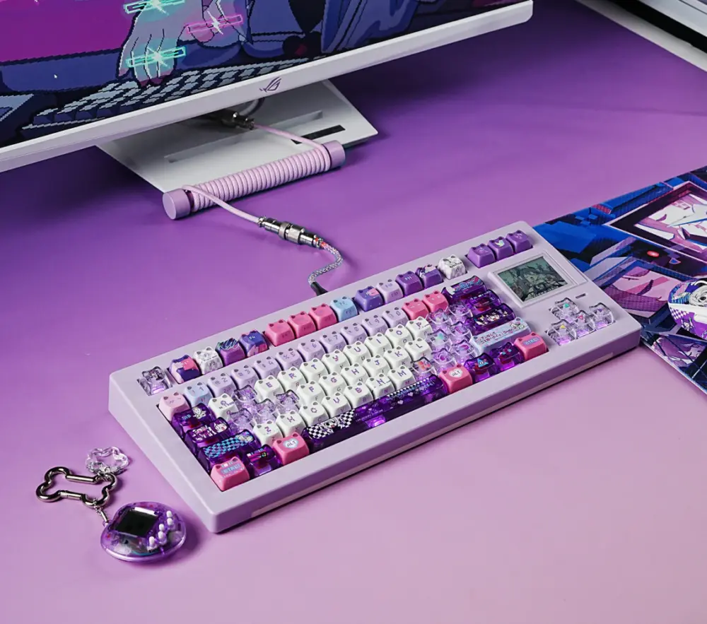 Purple Yunyun Denpa MAO Profile novelty keycap with a close-up anime character panel
