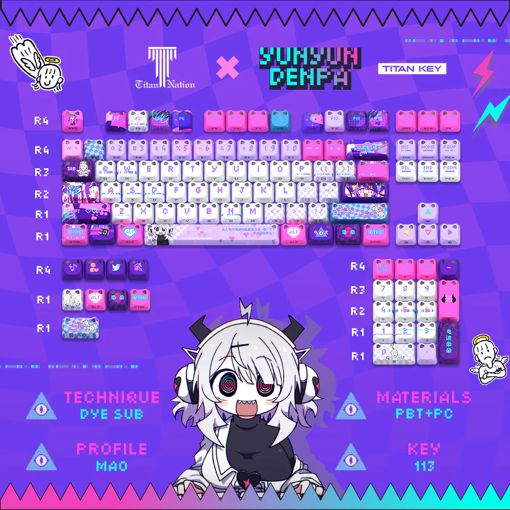 Cat-ear MAO Profile keycaps with side-lit shine-through details in a Yunyun Denpa layout