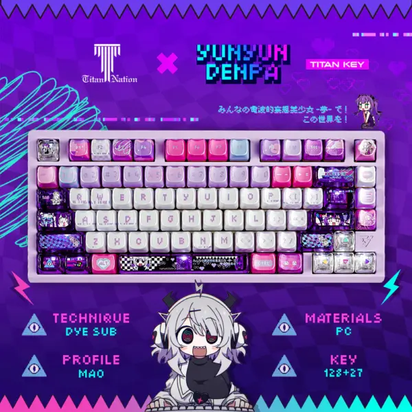 Yunyun Denpa MAO Profile Keycap Set Purple Yunyun Denpa MAO Profile keycap set with a full keyboard layout and anime artwork