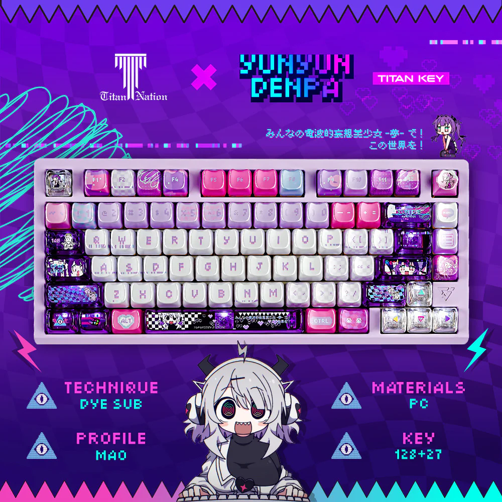 Purple Yunyun Denpa MAO Profile keycap set with a full keyboard layout and anime artwork