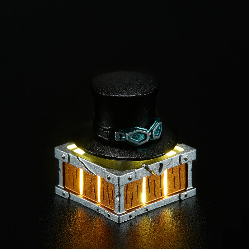 Sabo Rotating Hat Aluminum Artisan Keycap Sabo black top hat artisan keycap lit from below on a dark background.