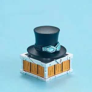 Front view of a black top hat keycap with teal goggles and a detailed base.