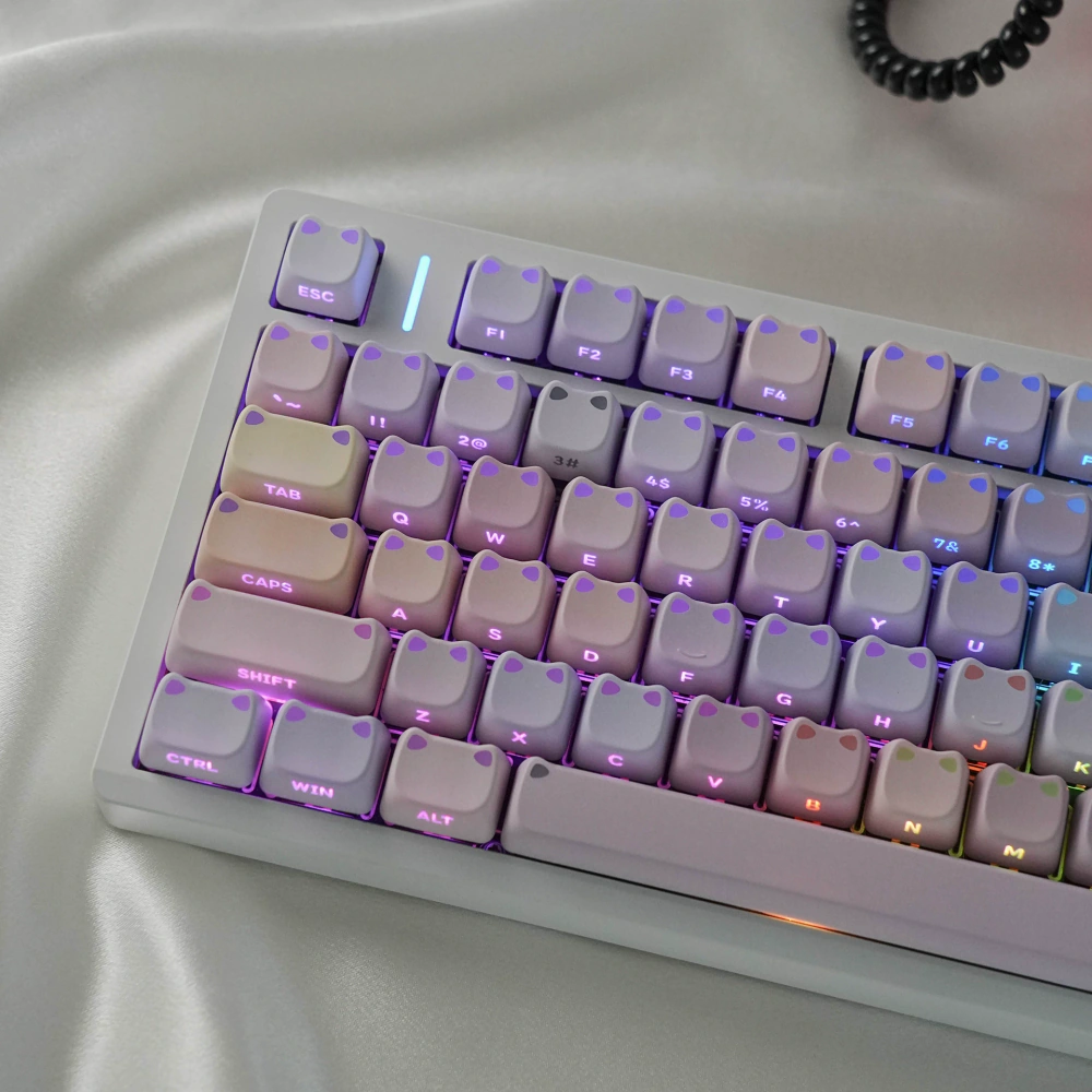 Backlit pastel cat-ear keycaps with lilac, pink, blue, and green tones