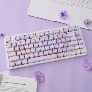 Pastel lilac and pink cat-ear MAO keycaps on a white keyboard