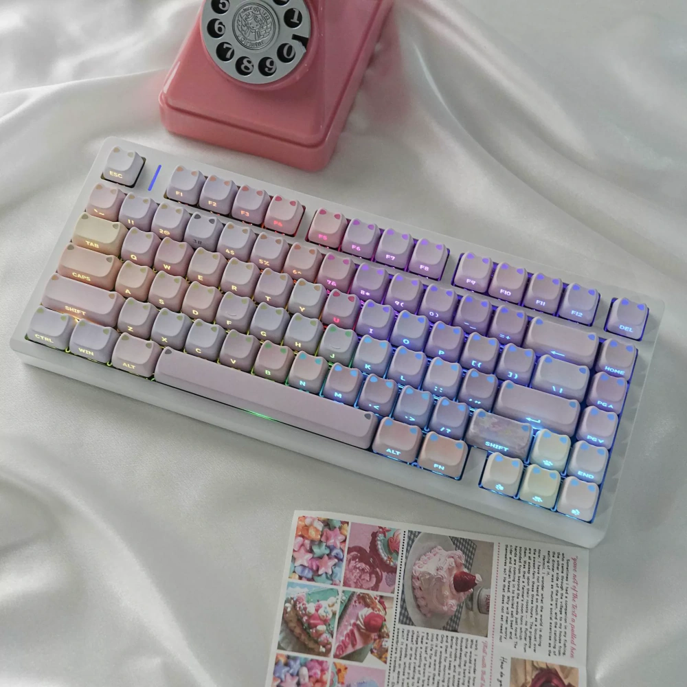 Backlit pastel cat-ear keycaps with illuminated side-printed legends