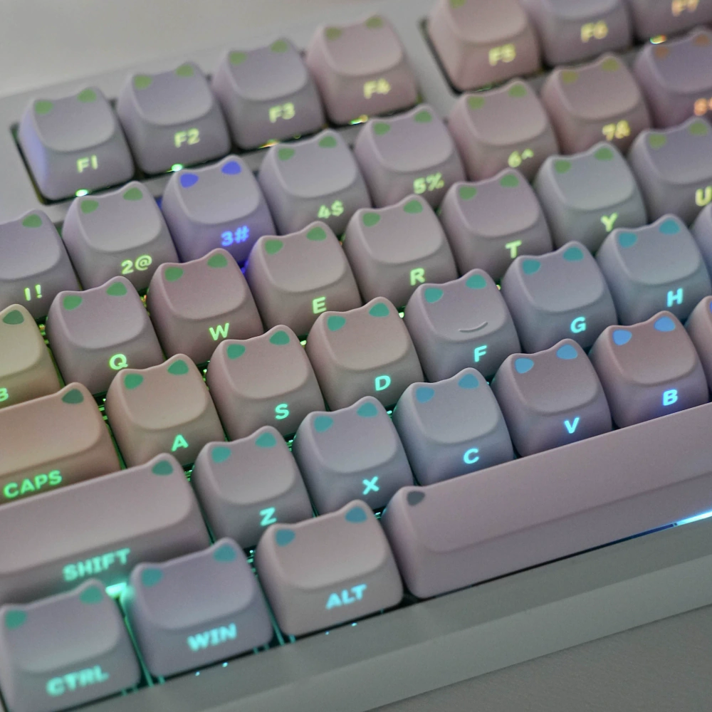 Backlit pastel MAO profile keycaps with visible raised cat-ear shapes