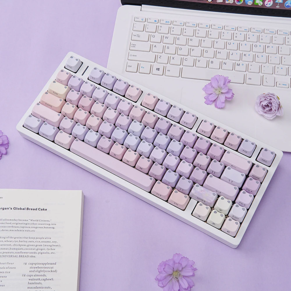 Pastel Monet Water Lilies keycaps on a white keyboard beside flowers