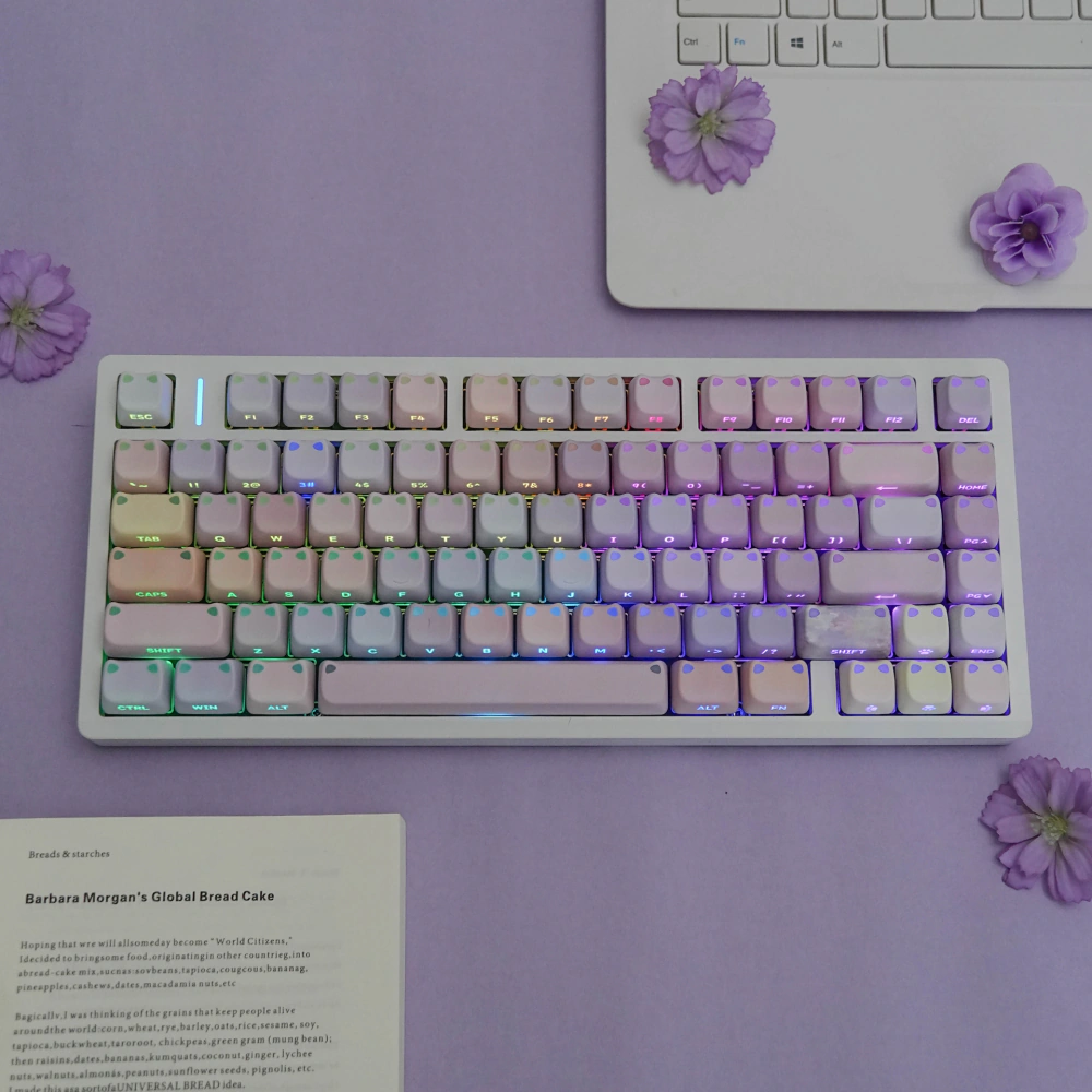 Full keyboard with backlit pastel lilac, pink, blue, and green keycaps