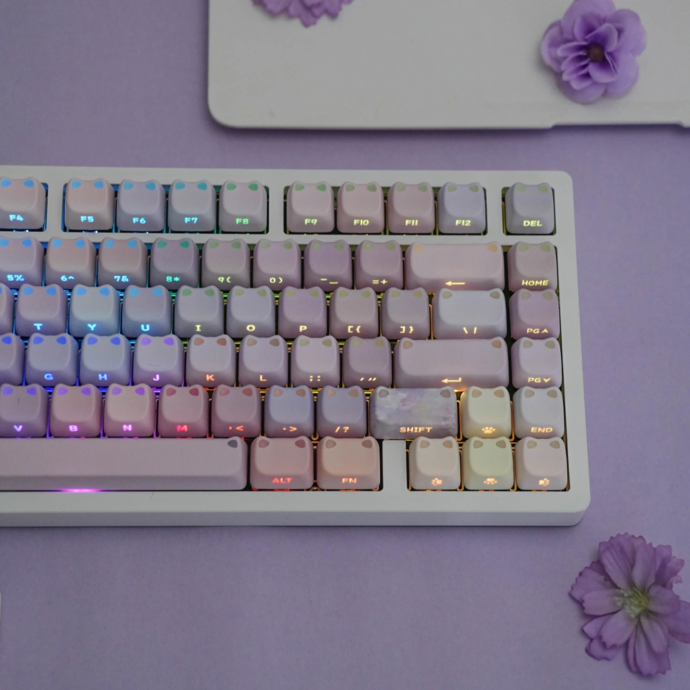 Close-up of backlit pastel cat-ear keycaps with side-printed legends