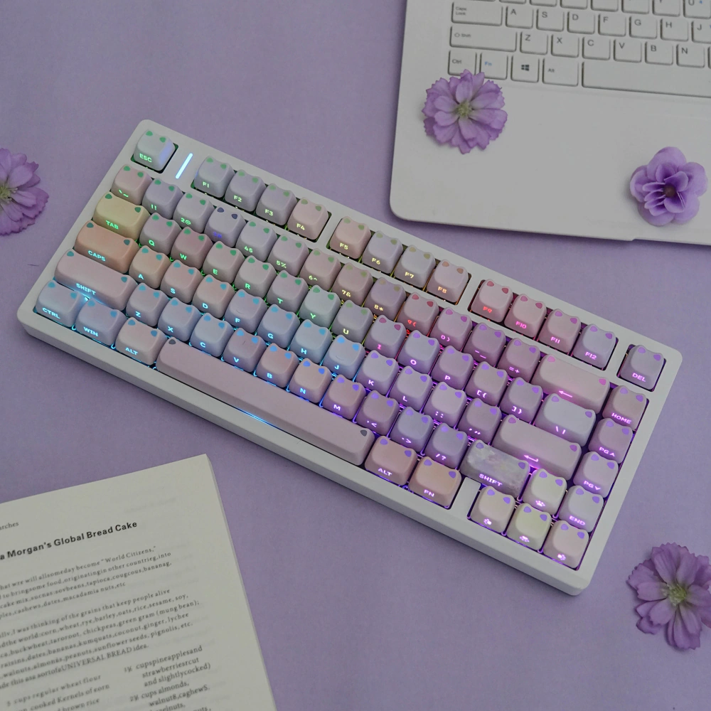 Pastel cat-ear keycaps installed on a keyboard with the backlight on