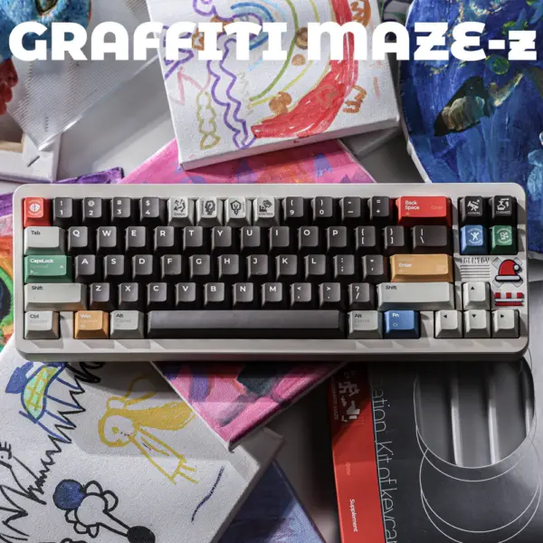 Dark Graffiti Maze Cover Keyboard Angled keyboard with pale gray and dark keys, green, yellow, and blue accents, on a gray background.