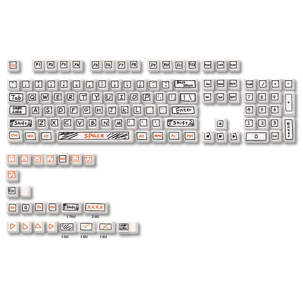 White keycap set arranged by rows, showing black outlined legends, orange accents, and extra keys.