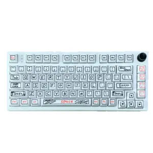 White mechanical keyboard with black outlined key legends and orange accent keys.