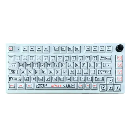 Doodle Style XDA Keycaps Installed View White mechanical keyboard with black outlined key legends and orange accent keys.