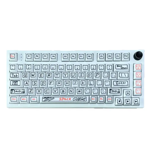 Doodle Style XDA Keycaps Installed View White mechanical keyboard with black outlined key legends and orange accent keys.
