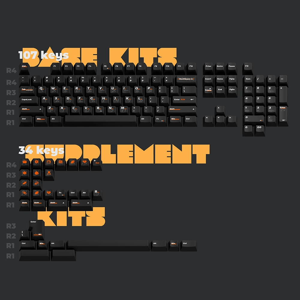 Diagram of dark keycaps with orange legends and a separate orange accent group.