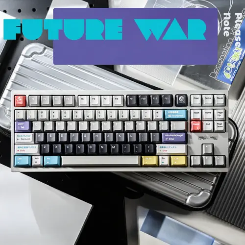 Future War title graphic above a keyboard with gray keycaps and accent keys.