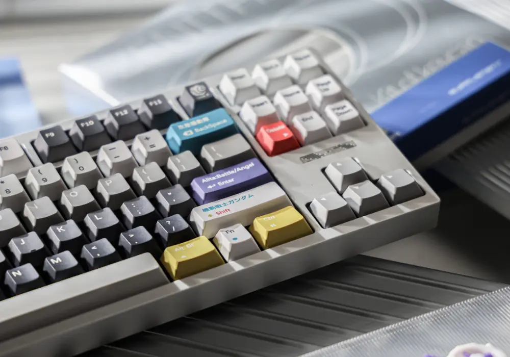 Low-angle keyboard view showing the key rows and several accent keys.