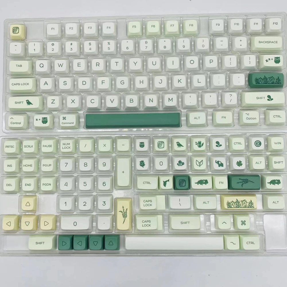 Green Botanical XDA Profile Keycaps Layout Green and white keycap kit arranged in a clear plastic tray with botanical and animal accent keys.