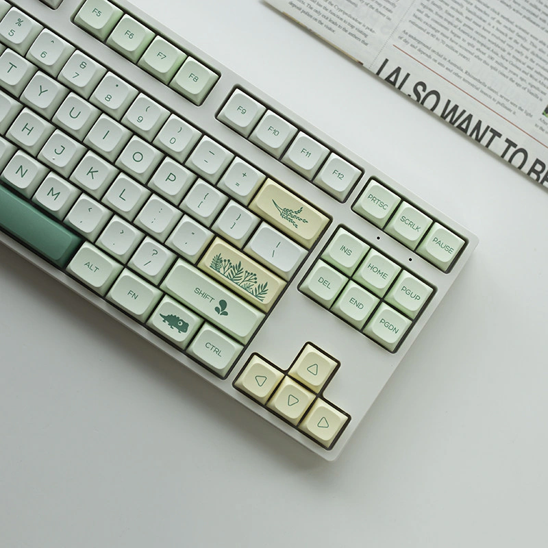 Green Botanical Keycaps Right Side Detail Close view of the right side of a keyboard with botanical keycaps and green arrow keys.