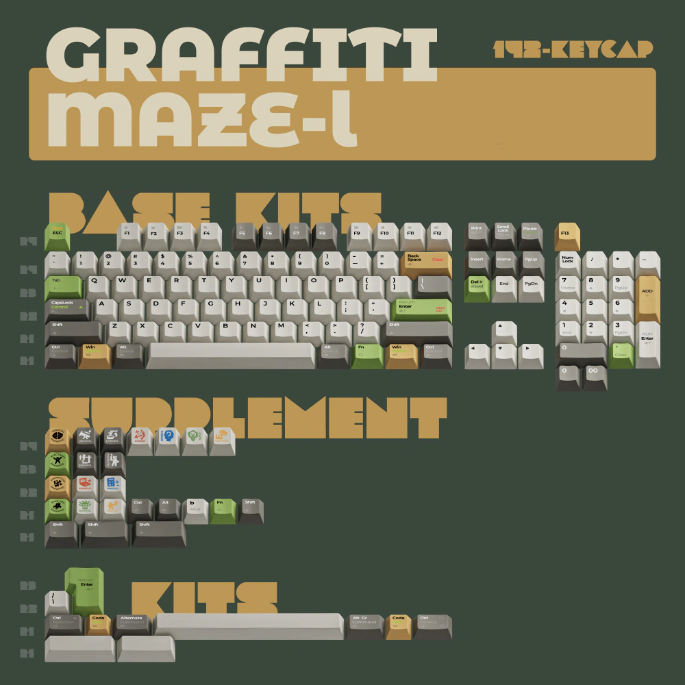 Light Graffiti Maze Keycap Layout Flat layout of pale gray and off-white keys with dark modifiers and green and yellow accents.