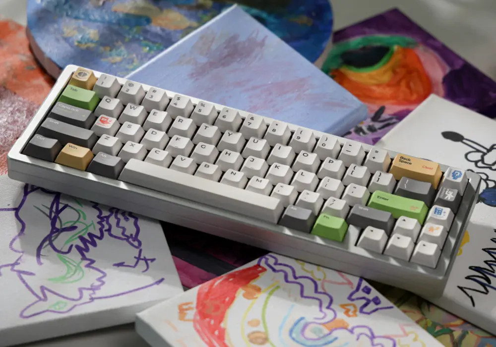 Light Graffiti Maze Wide Keyboard Angle Keyboard shown diagonally against a colorful graphic background, with pale keys and green accents.