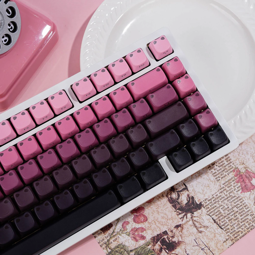 Rounded pink-black keycaps with two raised cat-ear shapes on each cap