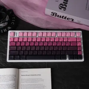 Top-down view of pink, purple, and black gradient cat-ear keycaps