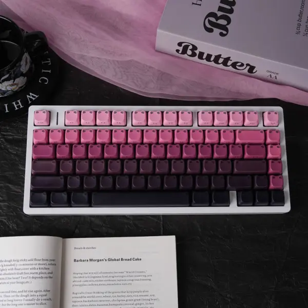 Top-Down Gradient Keyboard Top-down view of pink, purple, and black gradient cat-ear keycaps